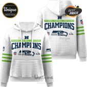 White hoodie with Seattle Seahawks Champions design. Front and back views shown.!