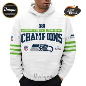 White hoodie with the Seattle Seahawks logo and 'National Football Conference Champions' text.!