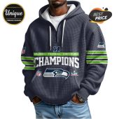 Seattle Seahawks Champions hoodie with team logos and Super Bowl emblem.!