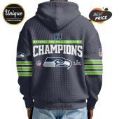 Seattle Seahawks Champions hoodie with team logos, text and green stripes!