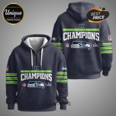 Seattle Seahawks Champions hoodie featuring team logo and 'National Football Conference Champions' text.!