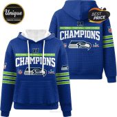 Blue hoodie with Seattle Seahawks 'National Football Conference Champions' design, including the team logo and Super Bowl emblem.!