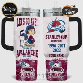 Colorado Avalanche Stanley Cup Champions tumbler with Snoopy and Charlie Brown cartoon characters.!