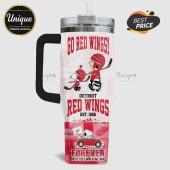 Tumbler featuring a Snoopy Detroit Red Wings design, with the text 'Go Red Wings!' and 'Forever, Not Just When We Win'.!