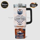 Edmonton Oilers Stanley Cup Champions tumbler with Snoopy design and customizable name.!