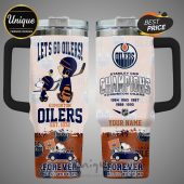 Edmonton Oilers themed travel mug featuring Snoopy, Charlie Brown, team logos, and Stanley Cup Champions text.!