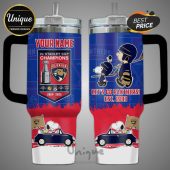 Florida Panthers 2x Stanley Cup Champions custom name tumbler featuring Snoopy in hockey gear and car with Panthers flag.!