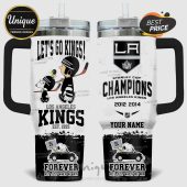 Los Angeles Kings tumbler featuring Snoopy characters, team logos, and championship years!