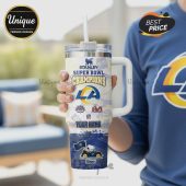 Stanley tumbler featuring the LA Rams Super Bowl Champions design with Snoopy, NFL logos, and a customizable name.!