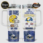 Los Angeles Rams Super Bowl Champions tumbler design featuring Snoopy and team graphics.!