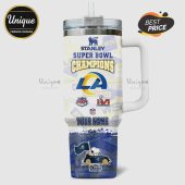 Stanley mug featuring Los Angeles Rams Super Bowl Champions design, Snoopy in car, and custom name option.!