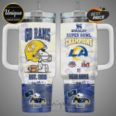 Go Rams Snoopy Stanley Super Bowl Champions personalized tumbler with the Rams logo and Snoopy cartoon character!