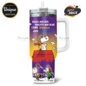 Tumbler with Snoopy design, 'Roses are red, Violets are blue, I love Vikings and Bud Light' text.!