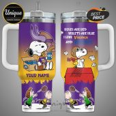 Tumbler features Snoopy with Vikings gear, Bud Light, personalized text, and Charlie Brown football art.!