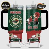 Tumbler featuring Minnesota Wild hockey logo with Snoopy, Charlie Brown, and custom name option.!