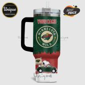 Minnesota Wild tumbler with Snoopy driving a car, personalized with 'Your Name'.!
