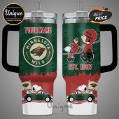 Minnesota Wild tumbler featuring Snoopy, Charlie Brown, and team logo. Personalize with your name!