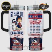 Montreal Canadiens hockey tumbler featuring Snoopy, Woodstock and team logos. Customizable with a name!