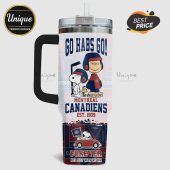 Tumbler featuring Peanuts characters and Montreal Canadiens hockey theme with 'Go Habs Go!' text.!