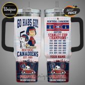 Montreal Canadiens tumbler featuring Snoopy, Charlie Brown, team logos, and Stanley Cup wins with 'Your Name' space.!
