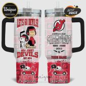 New Jersey Devils tumbler featuring Snoopy, Charlie Brown, and championship years!