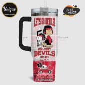 New Jersey Devils themed tumbler with Snoopy and Charlie Brown characters wearing hockey gear and team logos.!