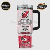 New Jersey Devils themed tumbler with Stanley Cup Champions text, Snoopy in a car, and custom name option.!