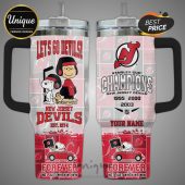 New Jersey Devils tumbler with Snoopy, Woodstock, Charlie Brown, and Stanley Cup Champions text!