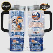 New York Islanders Snoopy-themed tumbler with Stanley Cup Champions text and customizable name feature.!