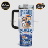 Tumbler featuring Snoopy and Charlie Brown with NY Islanders hockey theme and 'Let's Go Islanders!' text.!