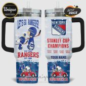 New York Rangers themed tumbler with Snoopy and Woodstock illustrations, Stanley Cup Champions text, and space for a personalized name.!