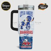 Stainless steel tumbler with handle features Snoopy and Charlie Brown as New York Rangers hockey players design.!