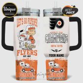 Tumbler featuring Philadelphia Flyers Snoopy design with 'Let's Go Flyers!' text and Stanley Cup Champions 1974, 1975.!