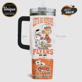 Tumbler with 'Let's Go Flyers!' text, Peanuts characters wearing Philadelphia Flyers gear and driving a car with a Flyers flag.!