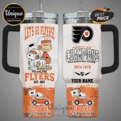 Tumbler features 'Let's Go Flyers!', Snoopy, Charlie Brown, Flyers logo, 'Stanley Cup Champions 1974-1975', and personalized name.!