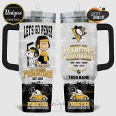 Pittsburgh Penguins themed tumbler featuring Snoopy, Charlie Brown, Stanley Cup Champions text and year list.!