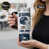 Go Seahawks Snoopy EST 1974 tumbler with handle and straw.!