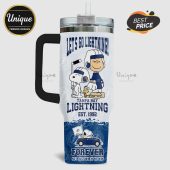 Tampa Bay Lightning tumbler featuring Snoopy and Charlie Brown in team gear!