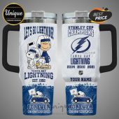 Tampa Bay Lightning themed tumbler featuring Snoopy, Woodstock, and team graphics. Includes Stanley Cup Champions text and year.!
