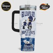 Toronto Maple Leafs tumbler with Snoopy characters, team name, and 'Go Leafs Go!' text.!