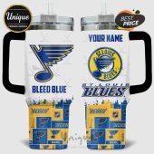 Customizable St. Louis Blues tumbler with team logos, colors, and 'Bleed Blue' text.!