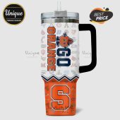 Orange and navy Syracuse University themed tumbler with various other university logos on a white background.!