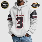 White hoodie with 'TEXANS' and the number '3' in red and black on the front and sleeves.!