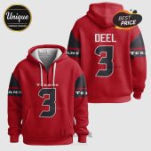 Red hoodie featuring the word TEXANS, number 3 and DEEL, and black shoulder stripes.!
