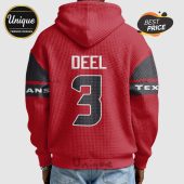Red hoodie featuring 'DEEL' above a number '3', with 'ANS' and 'TEX' on the sleeves!