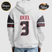 Back of a white hoodie with 'DEEL' and the number '3' in red and gray, plus shoulder design.!