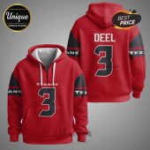 Red hoodie with 'Texans' and the number '3' on the front, and 'DEEL' and '3' on the back.!