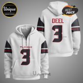 White hoodie with 'TEXANS' and the number '3' on the front; 'DEEL' and '3' on the back, black shoulder stripes.!
