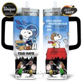 Tumbler featuring Snoopy, Woodstock, Charlie Brown, football, Bud Light, and Tennessee Titans theme.!