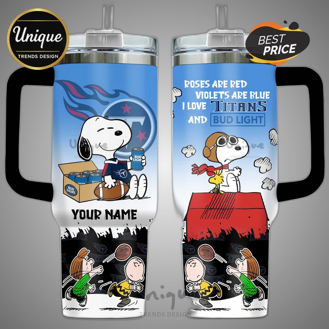 Tennessee Titans Snoopy & Woodstock Personalized 40oz Tumbler Tennessee Titans Snoopy & Woodstock Personalized 40oz Tumbler